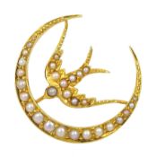 Edwardian 15ct gold split pearl swallow crescent brooch