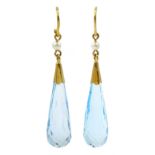 Pair of 18ct gold Swiss blue topaz and pearl pendant earrings