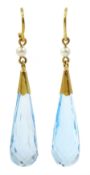 Pair of 18ct gold Swiss blue topaz and pearl pendant earrings