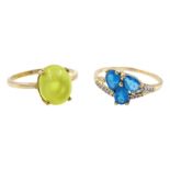 Gold apatite and white zircon ring and a golden prehnite ring