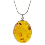 large silver oval Baltic amber pendant necklace