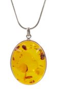 large silver oval Baltic amber pendant necklace