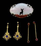 Two pairs of 9ct gold sapphire and ruby pendant stud earrings and a Norwegian stag enamel brooch