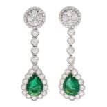 Pair of 18ct white gold pear cut emerald and round brilliant cut diamond pendant stud earrings