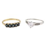 Gold five stone sapphire and diamond ring and a white gold white zircon ring