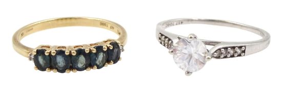 Gold five stone sapphire and diamond ring and a white gold white zircon ring