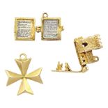 Two 9ct gold pendant/charms including wedding in a church and bible and an 18ct gold Maltese cross p