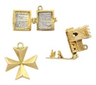 Two 9ct gold pendant/charms including wedding in a church and bible and an 18ct gold Maltese cross p