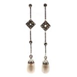 Pair of silver marcasite and pearl pendant stud earrings