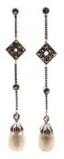 Pair of silver marcasite and pearl pendant stud earrings