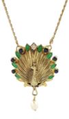 Igor Carl Faberge for Franklin Mint 14ct gold peacock watch pendant necklace