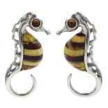 Pair of silver amber seahorse stud earrings