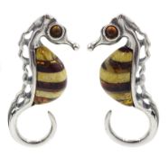 Pair of silver amber seahorse stud earrings