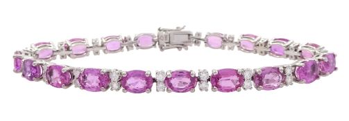 18ct white gold oval pink sapphire and round brilliant cut diamond bracelet