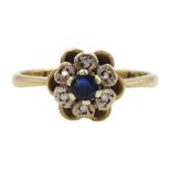 9ct gold sapphire and illusion set diamond cluster ring