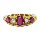 Early 20th century 18ct gold five stone oval cut ruby and old cut diamond ring