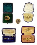 Victorian 15ct gold diamond set brooch and four 9ct gold brooches including blue zircon and smokey q
