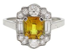 Platinum emerald cut yellow sapphire