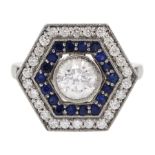 Platinum milgrain set diamond and sapphire hexagonal ring