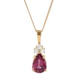 18ct rose gold pear cut pink sapphire and three stone round brilliant cut diamond pendant necklace