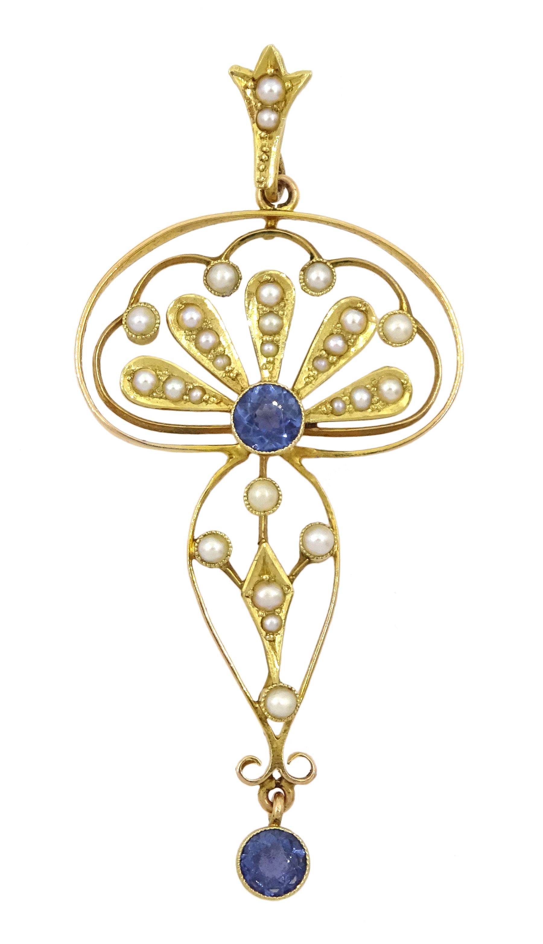 Edwardian gold sapphire and split seed pearl pendant