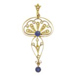 Edwardian gold sapphire and split seed pearl pendant