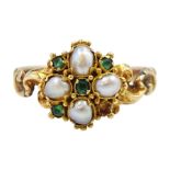 Victorian gold split pearl and green stone set cluster ring