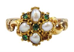 Victorian gold split pearl and green stone set cluster ring