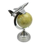 Art Deco style world globe with chrome aeroplane finial and mounts