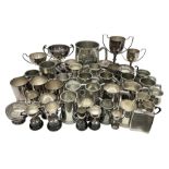 Collection of pewter and silver-plated trophy cups and presentation tankards