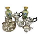 Pair of Chinese cloisonne vases on hardwood stands; silver plated egg cruet; and plated four piece t