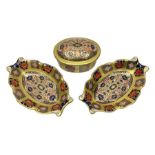Royal Crown Derby Imari pair of oval pin dishes and covered trinket box