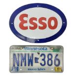 Enamelled Esso advertising type sign together with a Minnesota number plate