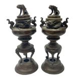 Pair of oriental brass twin-handled incense burners