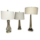 Three metal and glass table lamps