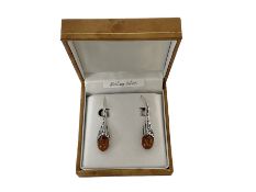 Pair of silver Baltic amber pendant earrings