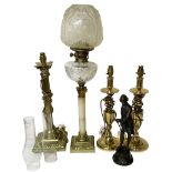 Oil lamp with frosted floral shade and cut glass reservoir