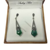 Pair of silver green agate and marcasite pendant earrings