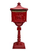 Traditional design post box - red painted aluminium with horse and rider design