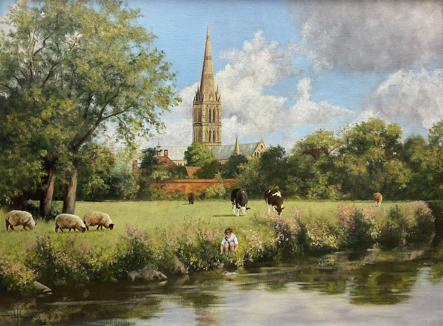 Stephen Park (British 1962-): Salisbury Cathedral from the River
