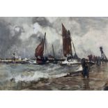 Frank Henry Mason (Staithes Group 1875-1965): Montrose Fishing Boats returning to Harbour in Heavy W