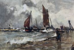 Frank Henry Mason (Staithes Group 1875-1965): Montrose Fishing Boats returning to Harbour in Heavy W