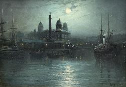 Walter Linsley Meegan (British c1860-1944): Hull Dock Offices and Wilberforce Monument by Moonlight