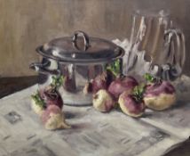 Neil Tyler (British 1945-): Still Life - Turnips and Pan