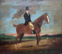 English Naive School (Early 19th century): Portrait of Regency Gentleman in Hunting Attire Mounted o