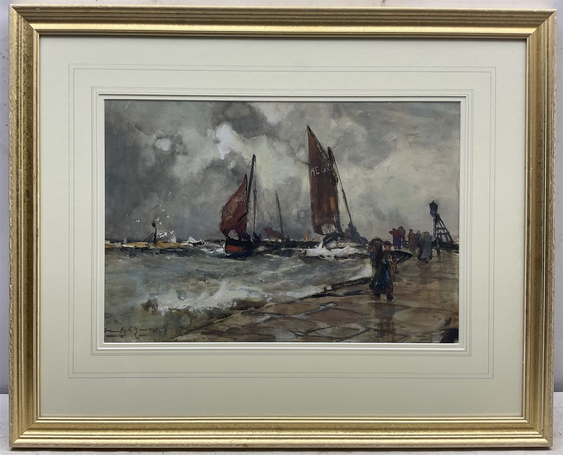 Frank Henry Mason (Staithes Group 1875-1965): Montrose Fishing Boats returning to Harbour in Heavy W - Image 2 of 4