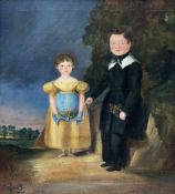 English Naive School (Late 18th century): Full Length Portrait of Young Brother and Sister in Georgi