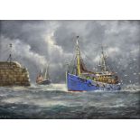 Jack Rigg (British 1927-2023): 'Fishermen' - Grimsby Trawlers Returning to Harbour