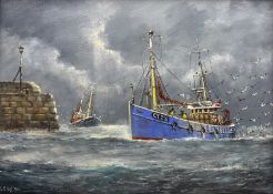 Jack Rigg (British 1927-2023): 'Fishermen' - Grimsby Trawlers Returning to Harbour