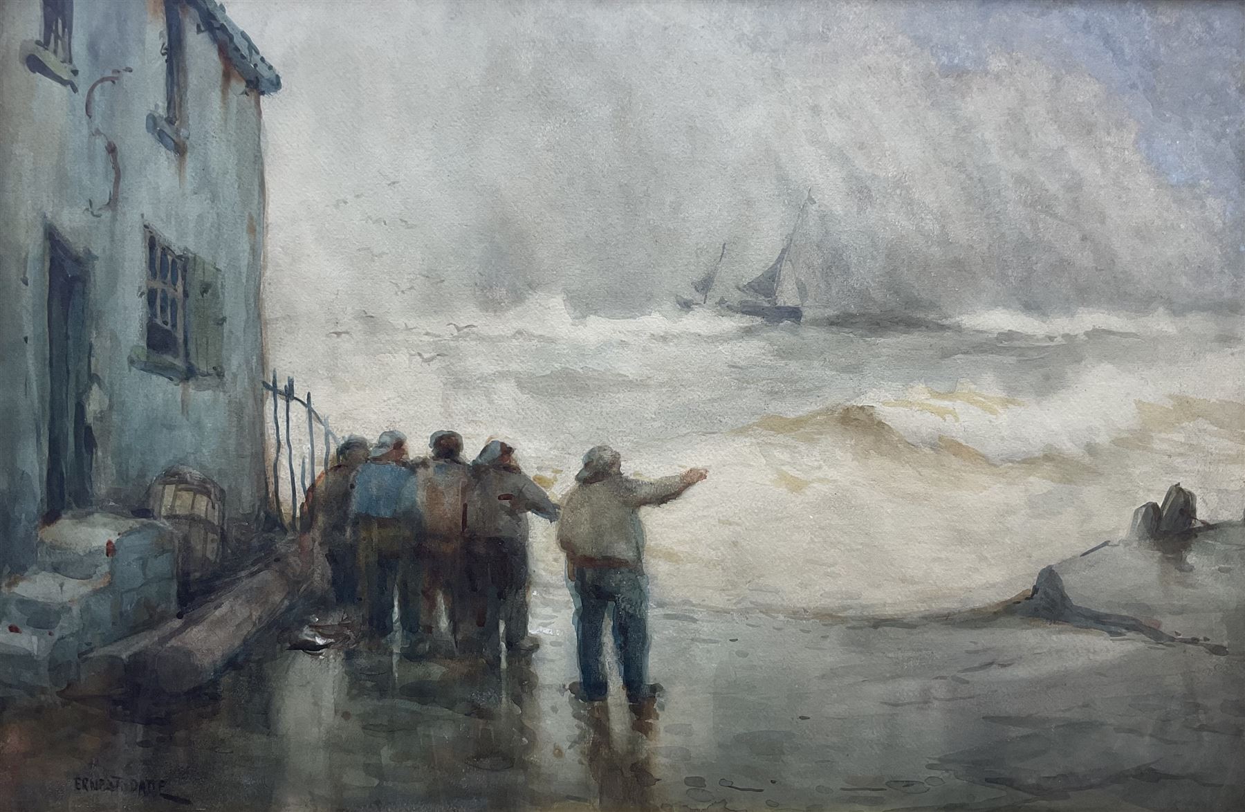 Ernest Dade (Staithes Group 1864-1935): 'Ashore' - Fishermen beside the Old Cod and Lobster Staithes